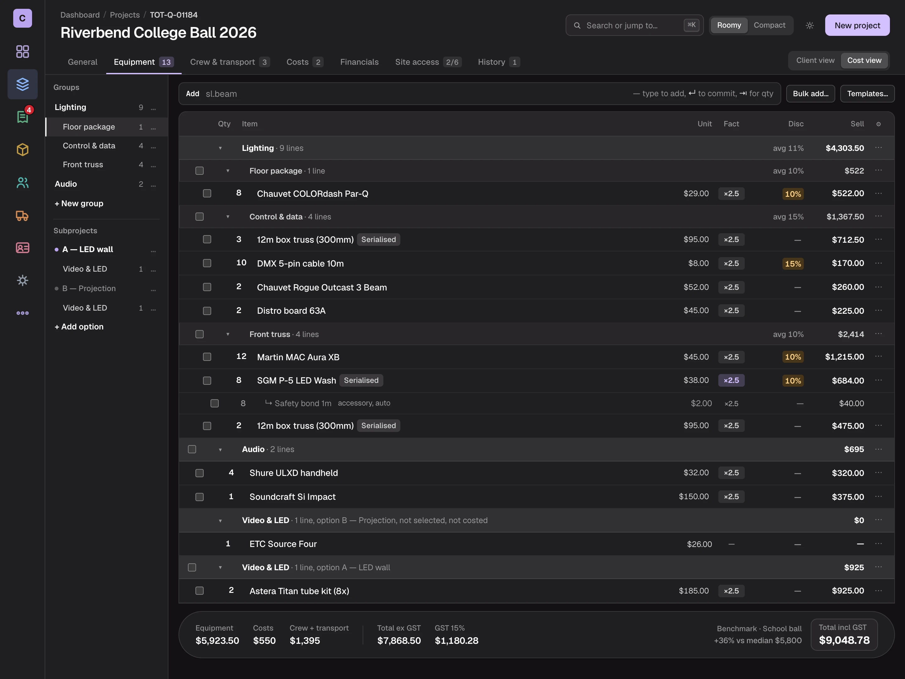 The Cue-RMS quote builder showing equipment lines, discounts, the hire-length factor and a running total with GST