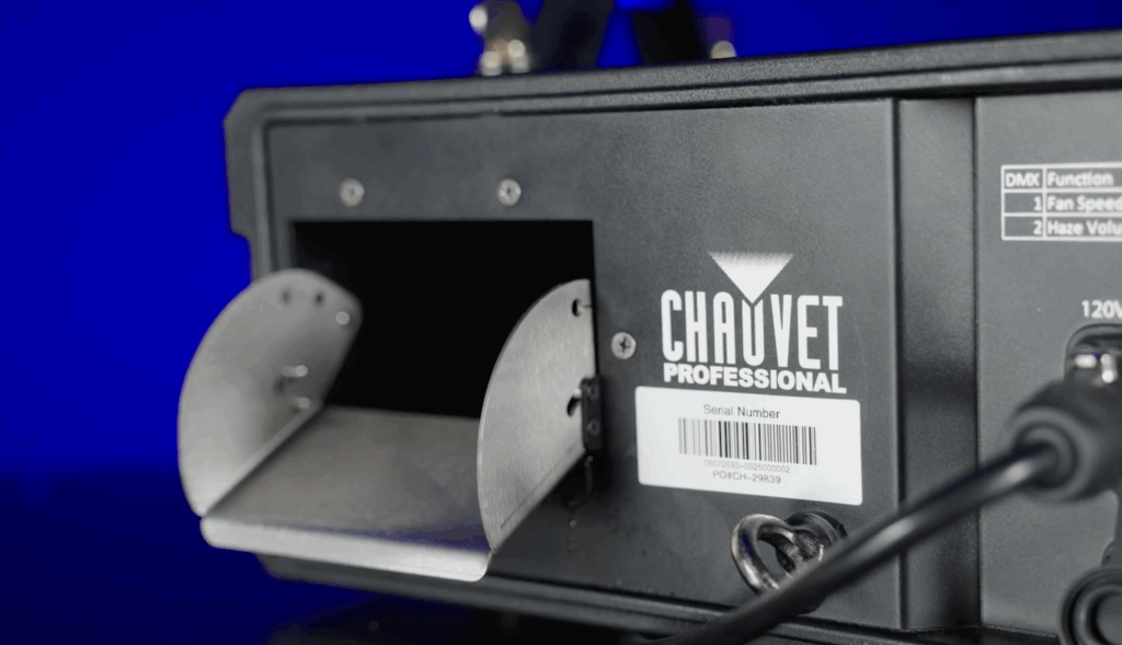 Adjustable louvered nozzle on the Chauvet AmHaze Stadium 2X IP